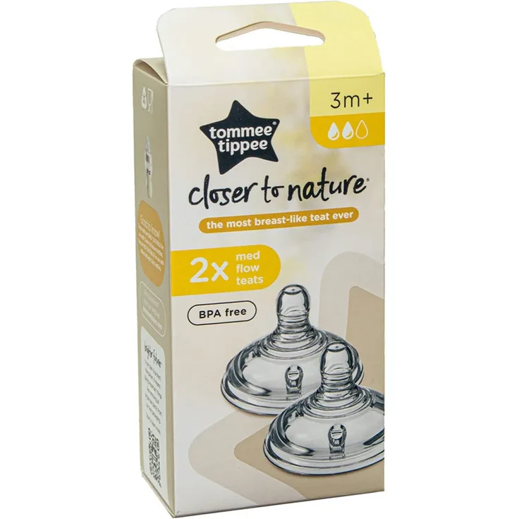 Tommee Tippee Closer to Nature Babyflaschensauger Brustähnlich, Anti-Kolik-Ventil, weiches Silikon, mittlerer Durchfluss, 3 m Plus, 2 Stück