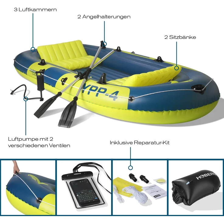 Hoberg Schlauchboot 4-Sitzer - inkl. 2 Paddel & Pumpe - "YPP-4" - 322 cm x 165 cm - bis 360 kg - Blau/Gelb – Bild 4