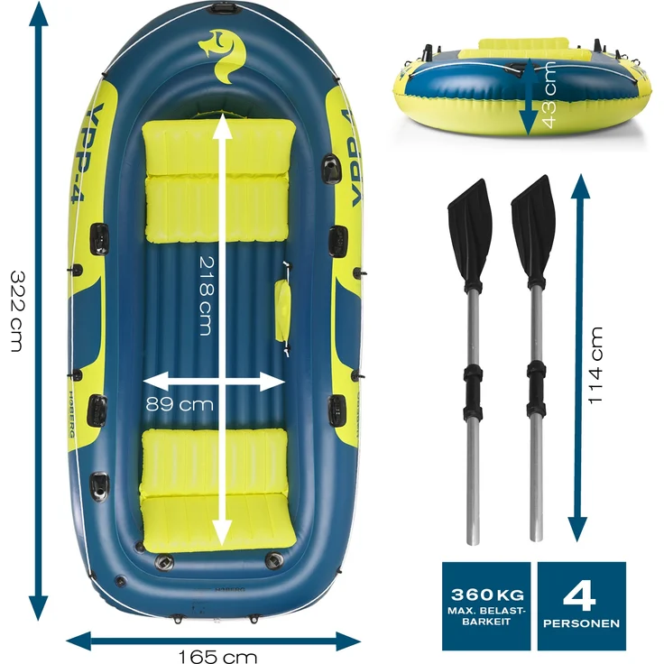 Hoberg Schlauchboot 4-Sitzer - inkl. 2 Paddel & Pumpe - "YPP-4" - 322 cm x 165 cm - bis 360 kg - Blau/Gelb – Bild 3