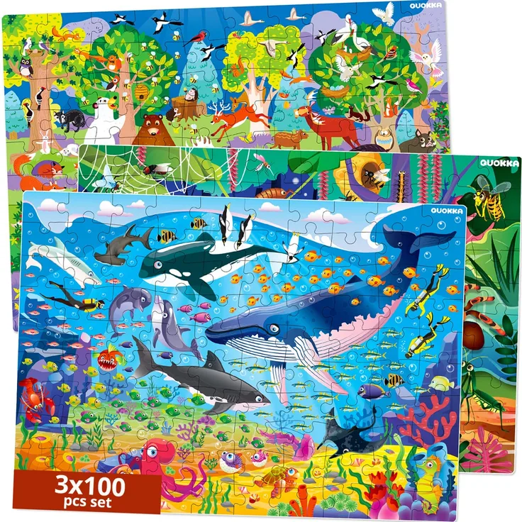 Boden Puzzle ab 4 5 6 Jahre – 3 große 100 Teile Spiele für Kleinkinder von Quokka – Spielzeug zum Lernen von Insekten Meeres- und Waldtieren – Geschenk für Jungen und Mädchen 7 8