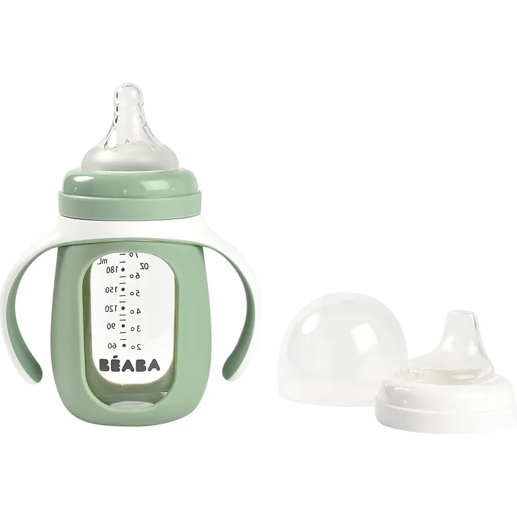 BÉABA, Trinklernbecher 2 in 1, Glas, Silikonhülle, robust, gesund, 100% wasserdicht, abnehmbare Griffe, 210ml, Salbeigrün