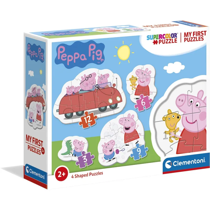 Clementoni 20829 Supercolor Peppa Pig – Puzzle 3 + 6 + 9 + 12 Teile ab 2 Jahren, buntes Kinderpuzzle mit besonderer Leuchtkraft & Farbintensität, Geschicklichkeitsspiel für Kinder