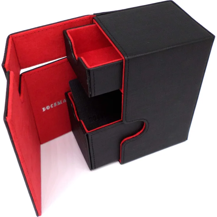 docsmagic. de Premium Magnetic Tray Box (100) Black/Red + Deck Divider - MTG - PKM - YGO - Kartenbox Schwarz/Rot
