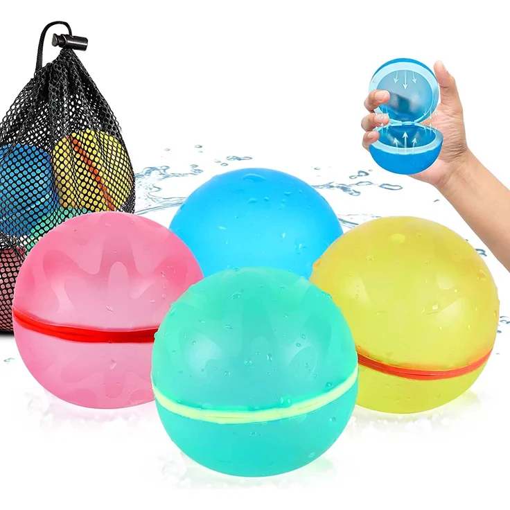 SOPPYCID 4 Stück Wiederverwendbare Wasserbomben Selbstschließend, Schnell befüllbare Silikon Spritzbälle für Kinder Erwachsene, Outdoor Sommerspaß Wasserspielzeug für Party, Wasserpark, Familienspiel – Bild 1