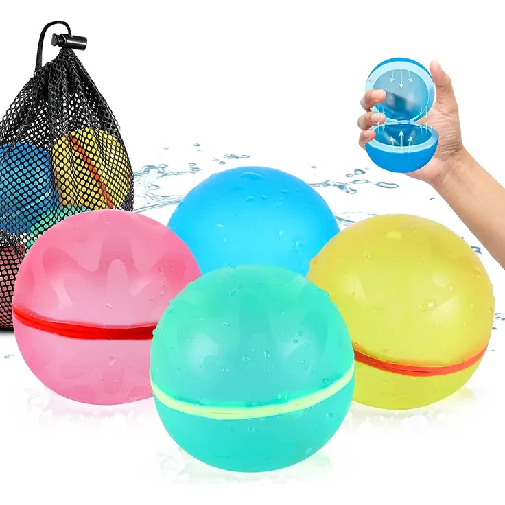 SOPPYCID 4 Stück Wiederverwendbare Wasserbomben Selbstschließend, Schnell befüllbare Silikon Spritzbälle für Kinder Erwachsene, Outdoor Sommerspaß Wasserspielzeug für Party, Wasserpark, Familienspiel