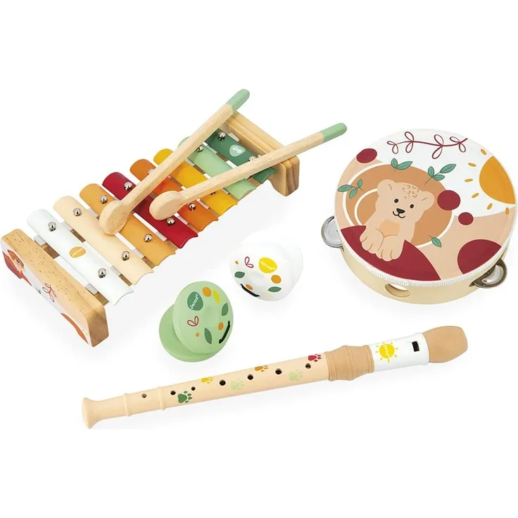 Janod - Musikset 5 Holzinstrumente Sunshine - Musikinstrumente für Kinder - Rollenspiel und musikalische Früherziehung - Wasserfarbe - Ab 18 Monaten, J07615