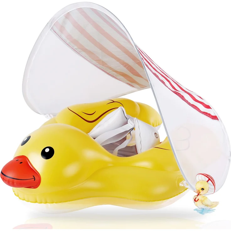 EDWEKIN® Einzigartiger Baby Schwimmtrainer mit abnehmbarem Sonnendach, Ente Schwimmring Baby, Baby Schwimmhilfe mit Sonnenschutz, Schwimmreifen für Babys, Kleinkinder, S (QuackiPlus S) – Bild 1