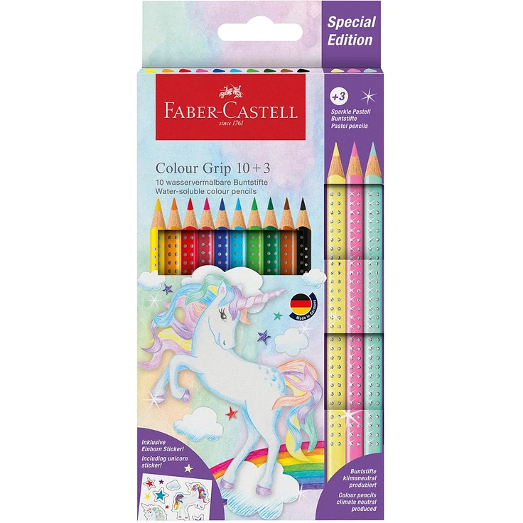 Faber-Castell Buntstift Colour Grip Einhorn 10er Etui + 3 Sparkle Pastell-Buntstifte – Bild 2