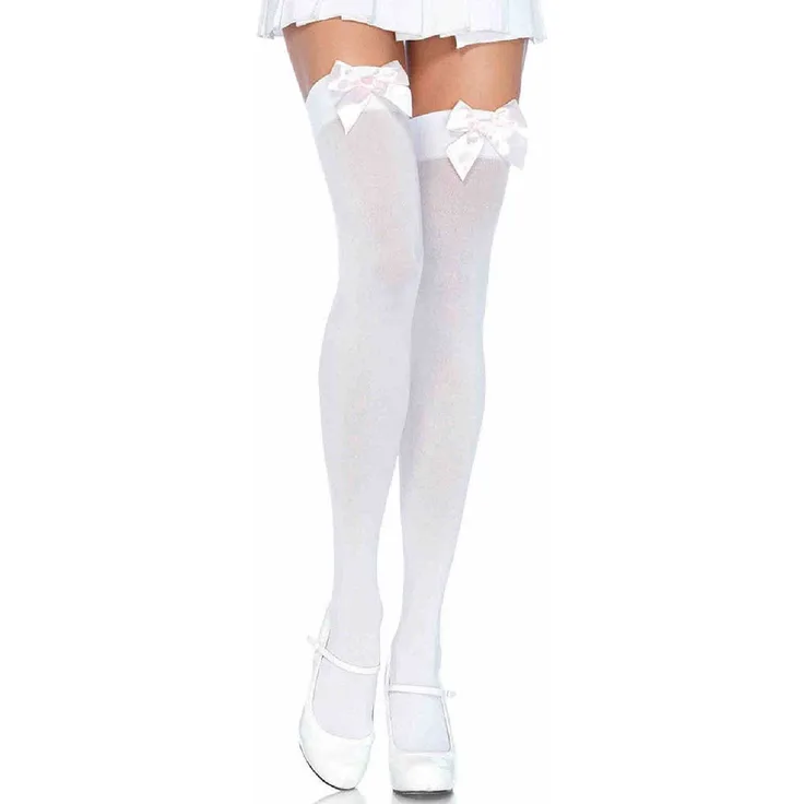 LEG AVENUE 6255 - Blickdichte Nylon Overknee Mit Satin Schleife, Einheitsgröße (EUR 36-40), weiß/hellrosa, Damen Karneval Kostüm Fasching