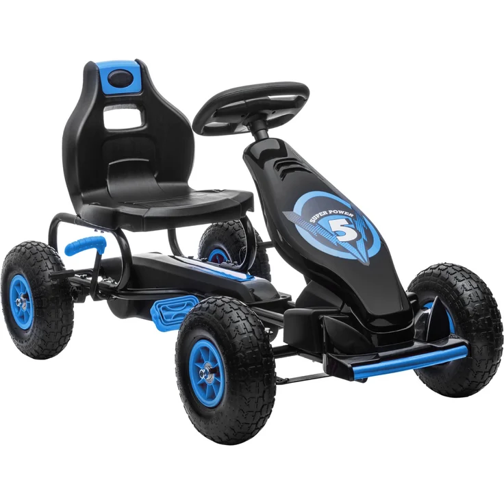 HOMCOM Gokart, Kinderfahrzeug mit verstellbarem Sitz, Tretauto mit Gummireifen, Pedal und Handbremse, Kettcar für Kinder ab 5 Jahren, Outdoor, Blau+Schwarz – Bild 1