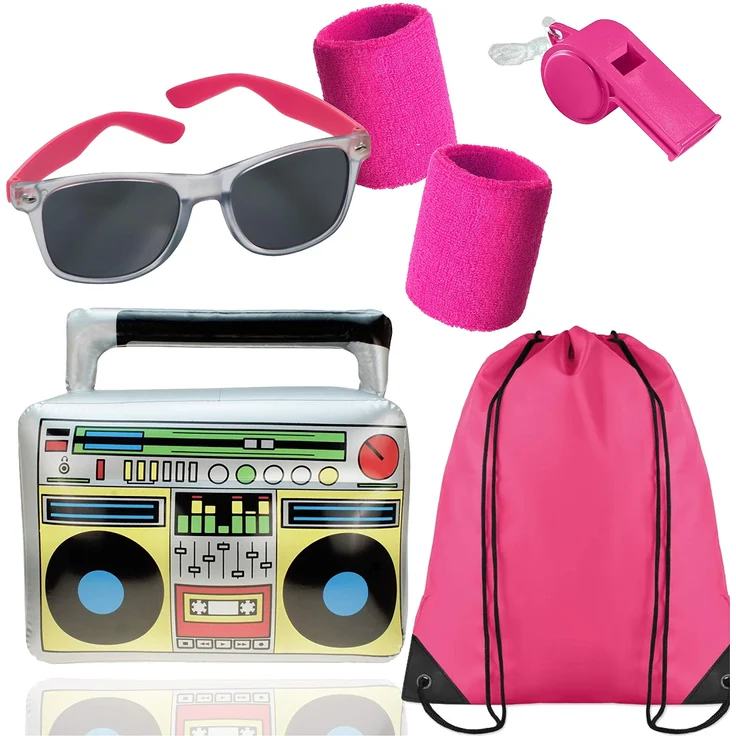 TK Gruppe Timo Klingler 5 in 1 - Retro pink Set mit Stirnband & Ghettoblaster uvm. - als Accessoire Vokuhila Kostüm zu Retro neon 80er 90er Fasching & Karneval – Bild 1