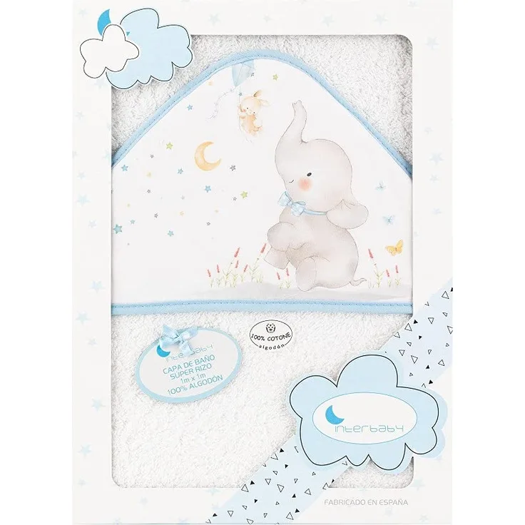 Interbaby 01227-11 Baby Kapuzenbadetuch Elefante, Weiss e blau, Blau