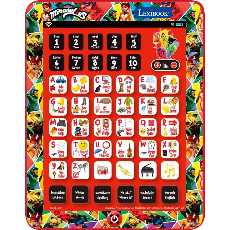 Lexibook JCPAD002MIi3 Miraculous Bilingual Talking Educational Tablet, Spielzeug zum Lernen von Buchstaben, Zahlen, Wortschatz und Musik, Sprachen Deutsch/Englisch, Rot – Bild 1