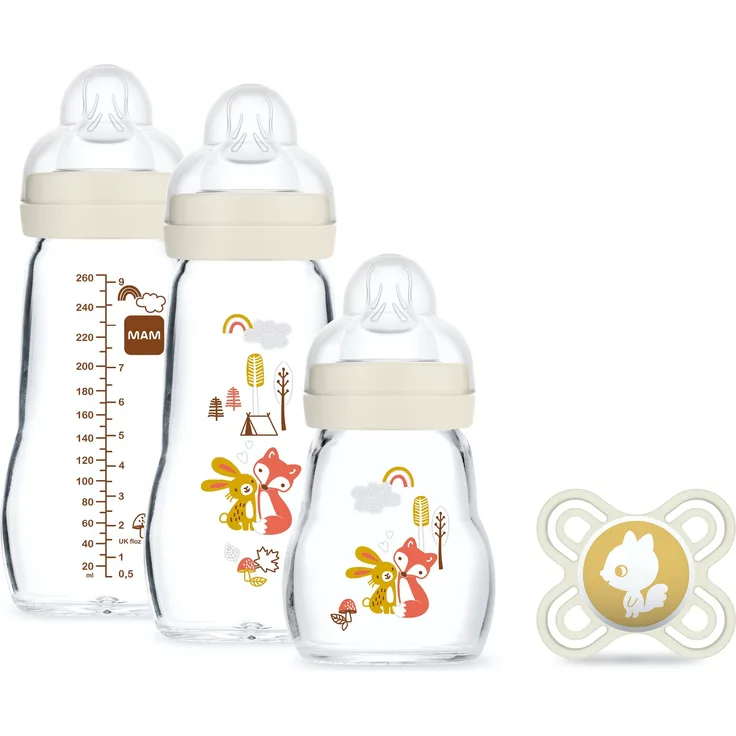 MAM Set aus Glasflaschen (3 Glasflaschen + 1 Lutscher) - Hitzebeständige Glasflasche - Glasflasche für Säuglinge ab Geburt und Silikon-Geburtsschnuller