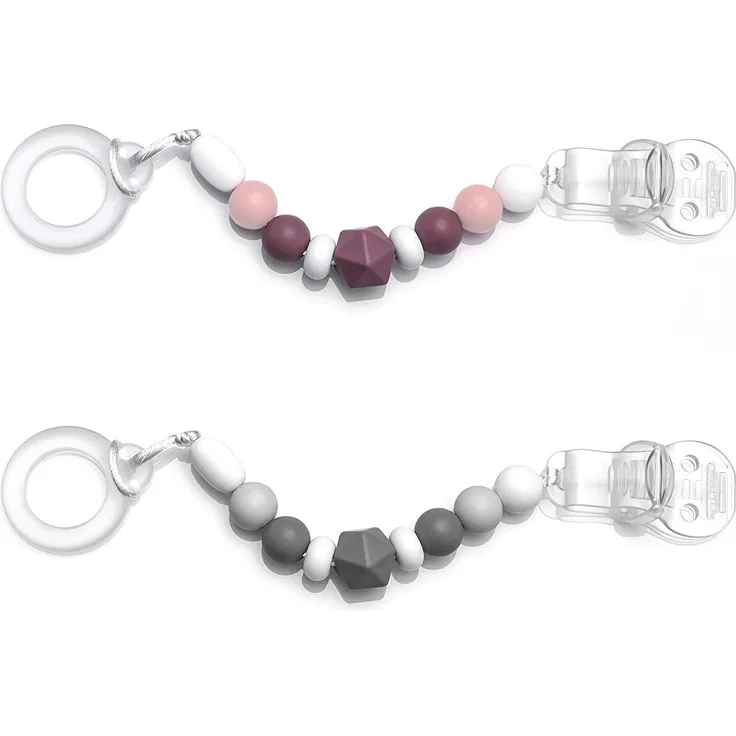 MiaMia Schnullerkette 2er Pack - Baby Schnullerband Perlen passend z. B. für AVENT, Nuk, MAM, Bips uvm. / 2 Stück Silikon Schnullerketten mit Clip, Gummiring und Schnur (Grau + Rosa)