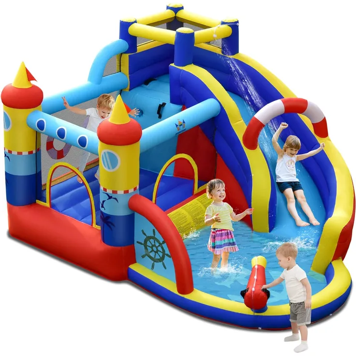 COSTWAY Aufblasbare Hüpfburg, 6-in-1 Wasserpark mit Rutsche, Planschbecken & Wasserkanone, Outdoor Bouncer Hüpfschloss Springburg für Kinder, Garten (360 x 290 x 200 cm)