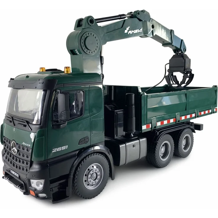 Amewi 22568 Mercedes-Benz Arocs Lizenz-Kranwagen mit Kipper, RTR inkl. Akku und Fernsteuerung, grün – Bild 1