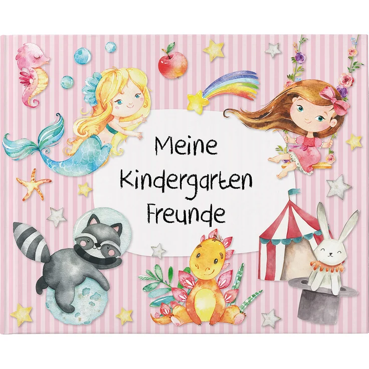Papierdrachen Hochwertiges Freundebuch für Kinder - Kindergartenfreunde - Rosa - Poesiealbum mit Meerjungfrau, Prinzessin & Dinos - für 27 Freunde - buntes kindgerechtes Design – Bild 1