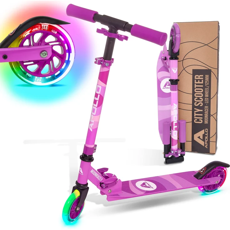 Apollo Scooter LED - Moonracer | City Scooter Kinder mit Federung | City Roller für Kinder klappbar | Tretroller Kinder ab 4 Jahre | sportlicher Cityroller | verstellbar, perfekt als Kinder Roller