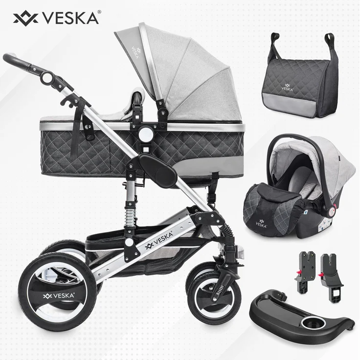 VESKA 3 in 1 Kombi-Kinderwagen inkl. Babyschale, Buggy, Jogger mit Wickeltasche, Moskitonetz, Regencover, Spieltisch, Autoschale Fußsack, QuickFold, Aluminiumrahmen (Silber - anthrazit/grau) – Bild 1