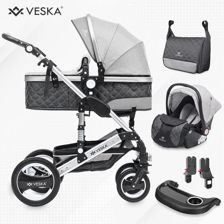 VESKA 3 in 1 Kombi-Kinderwagen inkl. Babyschale, Buggy, Jogger mit Wickeltasche, Moskitonetz, Regencover, Spieltisch, Autoschale Fußsack, QuickFold, Aluminiumrahmen (Silber - anthrazit/grau)