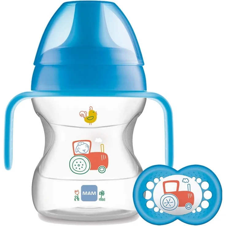 MAM Learn to Drink Cup, Bottle Handles and Soother, 6+ Months Baby Cup with Removable Handles, Baby Feeding Accessories, 190 ml, Blue (Designs May Vary)
