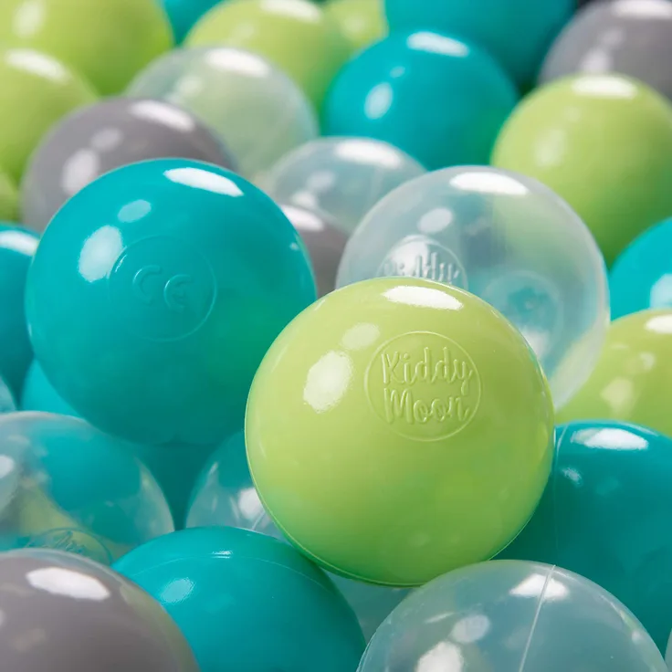 KiddyMoon 700 ∅ 7Cm Kinder Bälle Spielbälle Für Bällebad Baby Plastikbälle Made In EU, Türkis/Hellgrün/Grau/Transparent