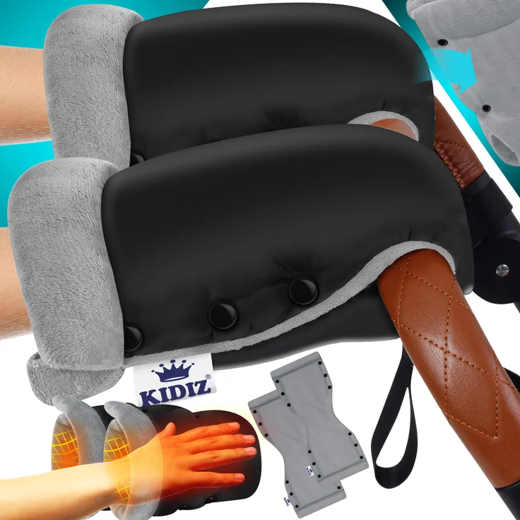KIDIZ® Handwärmer Kinderwagen Handschuhe Handmuff Kinderwagenmuff mit warme Plüschmaterial Fleece und Baumwolle Innenseite Wasserdicht Winddicht Handwärmer Universalgröße für alle Kinderwagen Buggy Schwarz