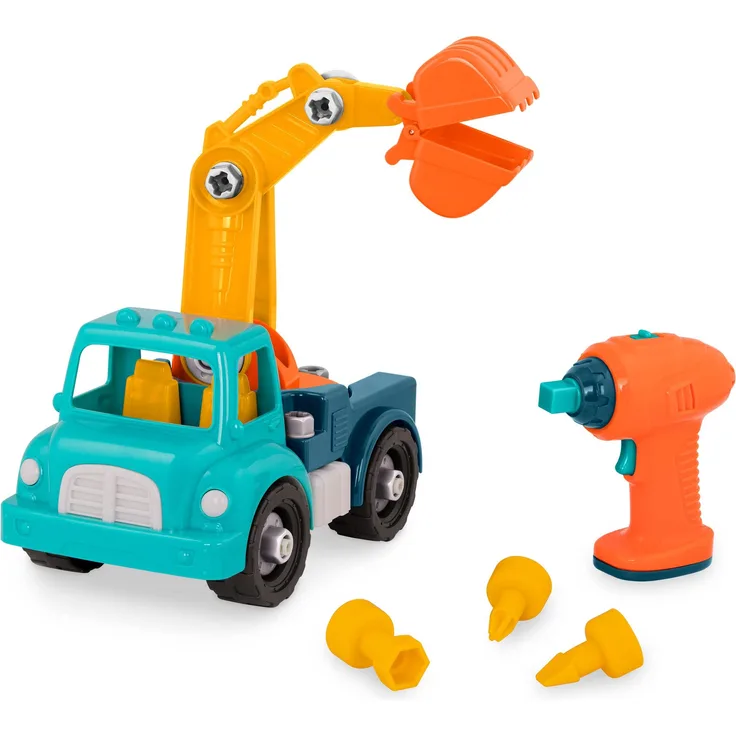Battat – Montage Kranwagen Konstruktionsspielzeug ab 3 Jahren – Fahrzeug zum Selbstbauen mit funktionsfähigem Akkuschrauber – Pädagogisches Spielzeug für Kinder ab 3 Jahren (34 Teile), Dunkelblau