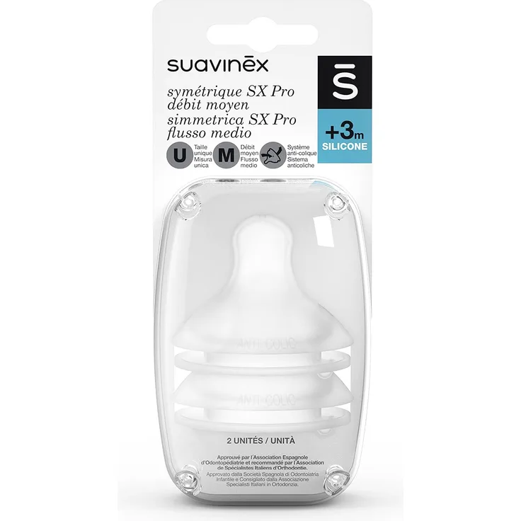 Suavinex Symmetrischer Sauger Sx Pro Silikon Durchfluss M + 3 Monate, transparent, 2 Stück