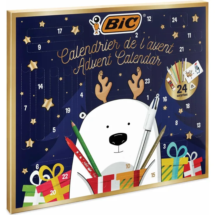 BIC 961512 Adventskalender (mit 24 Überraschungen: 6 Magic Filzstifte, 6 Buntstifte, 4 Malkreiden, 1 Tube Klebstoff, 1 Bleistift, 1 Radiergummi, 3 Kugelschreiber, 24 Postkarten)