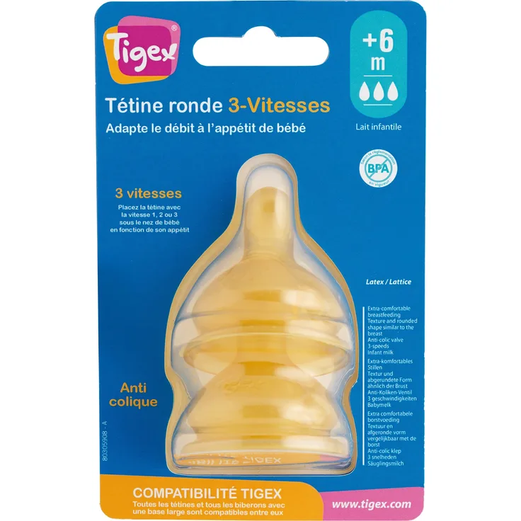 Tigex Round Latex-Fläschsauger 3 Geschwindigkeitsstufen Anti-Kolik-Sauger 6 + m 2 Stück, 80604543, bunt