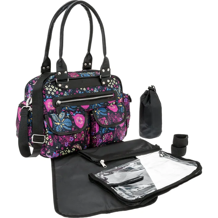6 TEILE Set: ALESSANDRO Wickeltasche FLEUR Babywickeltasche + Wickelmatte + Windeltasche + Wäschesack + Flaschentasche + Wagen Fix // Paisley VIOLETT SCH 6