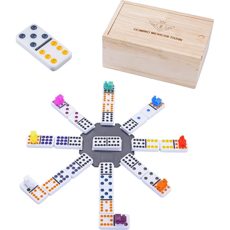 Engelhart - Domino Mexican Train/Zug -Premium- Qualität - Dobbel 12 - 2-8 Spieler - 91 farbige Dominosteine 9mm dick - in Holzkiste + 8 farbige Züge und Bahnhof