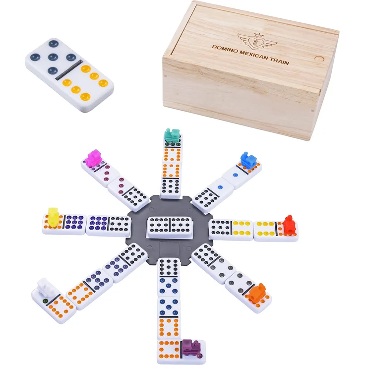Engelhart - Domino Mexican Train/Zug -Premium- Qualität - Dobbel 12 - 2-8 Spieler - 91 farbige Dominosteine 9mm dick - in Holzkiste + 8 farbige Züge und Bahnhof