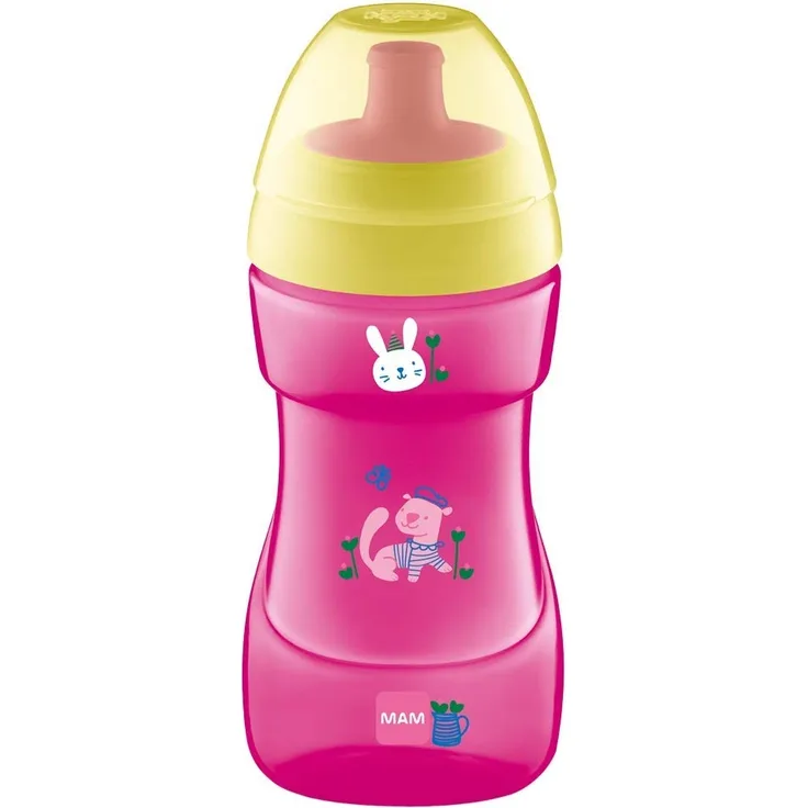 MAM Sportbecher, 330 ml, trendiger auslaufsicherer Becher für 12+ Monate, Babybecher-Flasche mit freiem Durchfluss, Kleinkindbecher, Rosa (Designs können variieren)