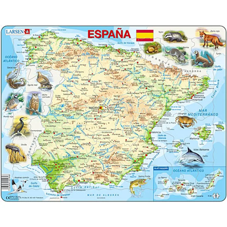 Larsen Puzzle Physische Karte - Spanien mit Tieren