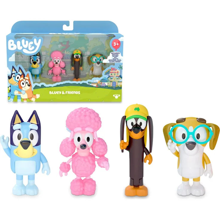 Giochi Preziosi Bluey Friends Pack, Set mit 4 Artikelfiguren, Bluey und Freunde Snickers, Honey und Coco, wie im Fernsehen, für Kinder ab 3 Jahren, BLY01200, Mehrfarbig