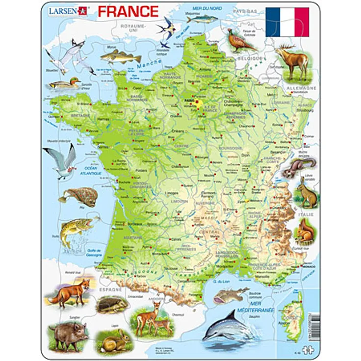 Larsen Puzzle Physische Karte - Frankreich mit Tieren