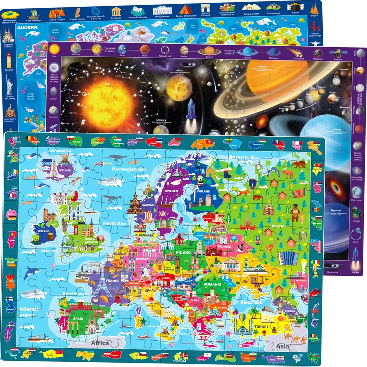 100 Teile Puzzle ab 4 5 6 Jahre – 3 Groß Spiele für Mädchen und Jungen – Kinder Spielzeug Weltraum Landkarten Europa und Weltkarte – Bodenpuzzles Geschenk für 7 8 Jährige