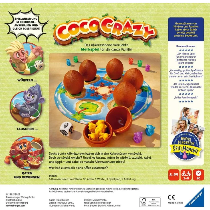Ravensburger 20897 - Coco Crazy, Brettspiel für Kinder ab 5 Jahren, Familienspiel für Kinder und Erwachsene, Merkspiel für 2-8 Spieler Spieleranzahl: 2-8, Spieldauer (Min.): 20, Maße (B/H): 25 x 25 cm, Kinderspiel – Bild 3