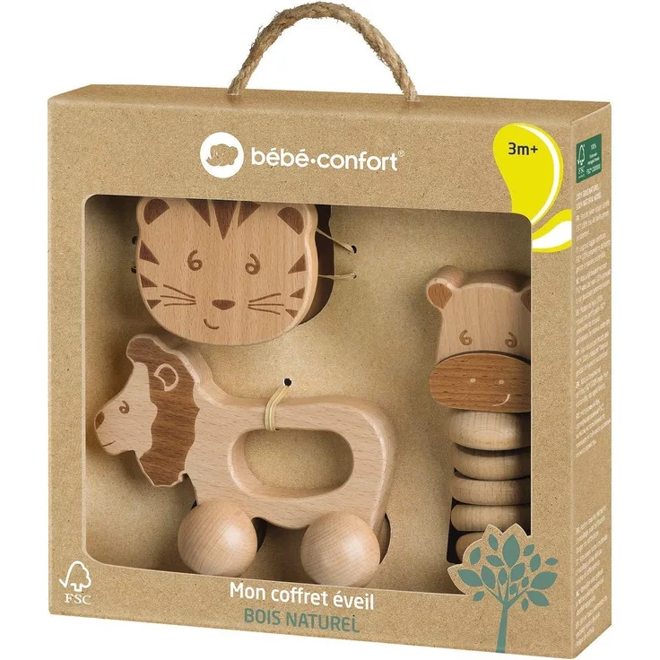 Bebeconfort Baby Holzspielzeug, nachhaltiges Lernspielzeug aus 100% FSC Holz, niedliches Geschenkset für Babys: Rollspielzeug + Glockenrassel + Rasselkette, braun