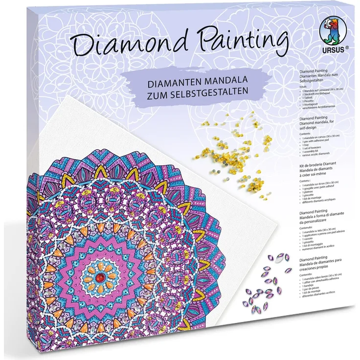 Ursus 43520008F - Diamond Painting Mandala Set 8, Bastelset mit Steinchen in Lila-, Pink- und Blautönen zum Selbstgestalten, ein Leinwand ca. 30 x 30 x 1,5 cm groß