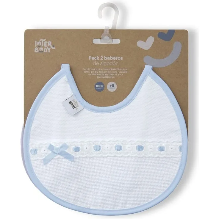 Interbaby 2 Stück runde Lätzchen mit Pasacints und gesticktem Streifen in Blau und Grau