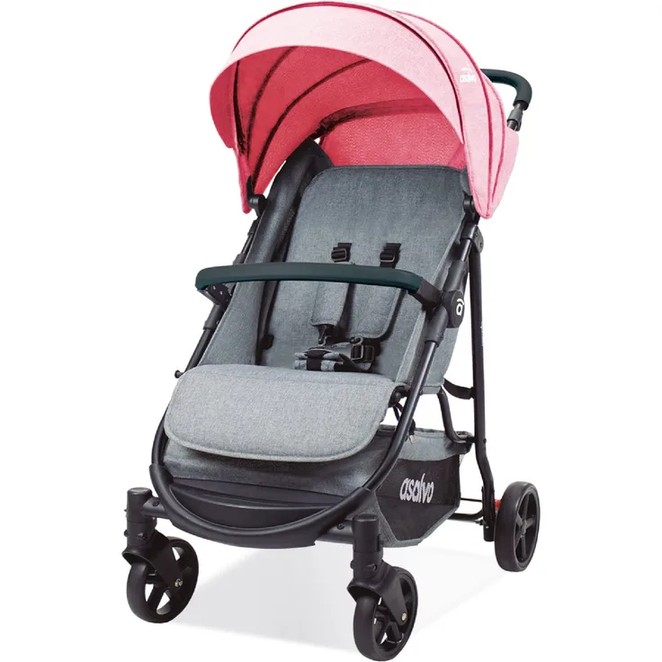 Asalvo MANCHESTER Kinderwagen/Einfach zusammenklappbar/Leicht und kompakt/geräumiger und bequemer Sitz/Voll kippbare Rückenlehne/Ausziehbare Verdeck mit Visier/Räder mit Aufhängung/Rosa