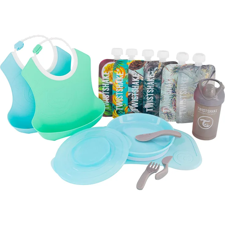 Twistshake Kindergeschirrset Click-mat Mini mit 2x Lätzchen, Trinklernflasche, 6x Quetschies, BPA Frei, Blau, Grün, Junge, 3, 78817