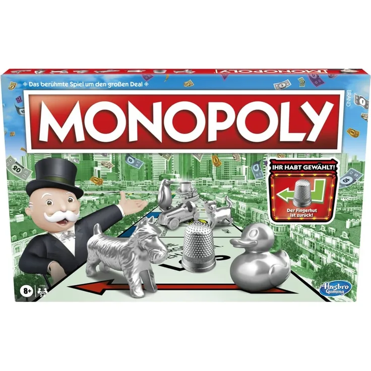 Monopoly Spiel, Familien-Brettspiel für 2 bis 6 Spieler, ab 8 Jahren für Kinder, mit 8 Spielfiguren (Figuren können variieren), ab 8 Jahren