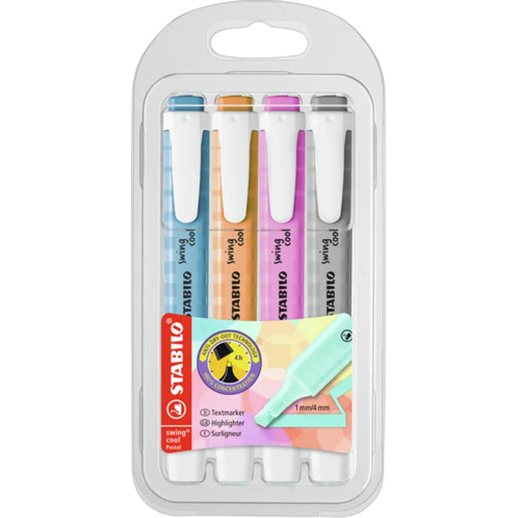 Textmarker - STABILO swing cool Pastel - 4er Pack - Seidengrau, Frische Fuchsie, Himmlisches Blau, Sanftes Orange - Preisvergleich
