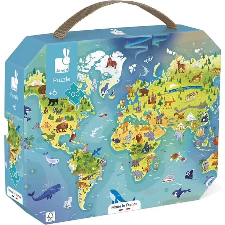 Janod - Kinderpuzzle Die Welt 100 Teile - Lernspiel Feinmotorik und Konzentration - Koffer mit Griff - Ab 6 Jahren, J02607