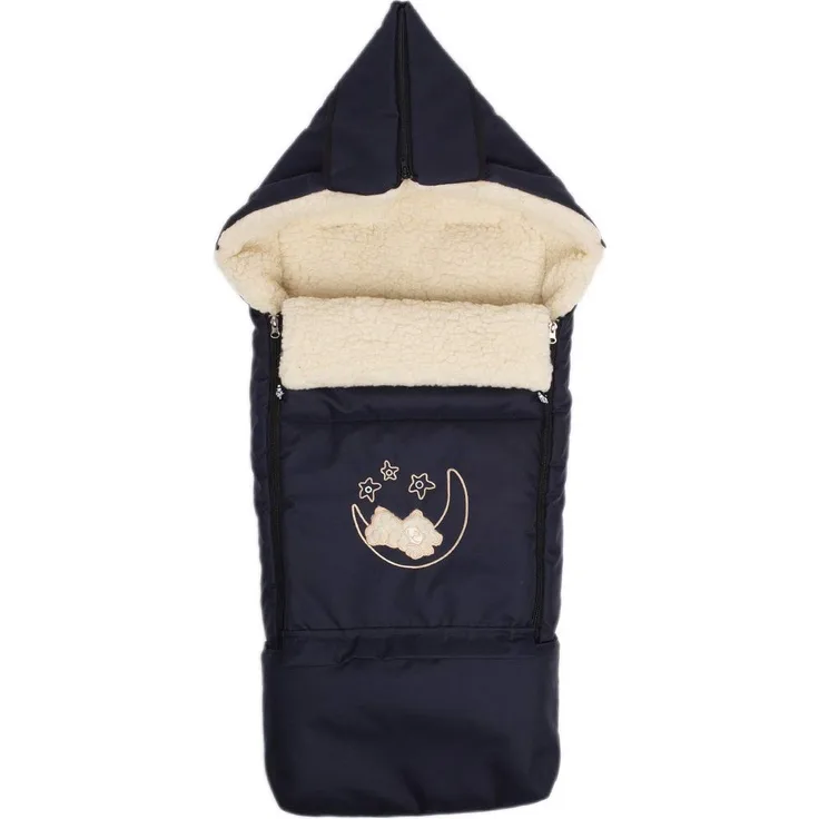 Winter Fußsack für Kinderwagen Babyschale Schlittensack Lammwollesack Baby Fußsack Kuschelsack Winterfußsack 40 x 90/110 cm (DUnkelblau)